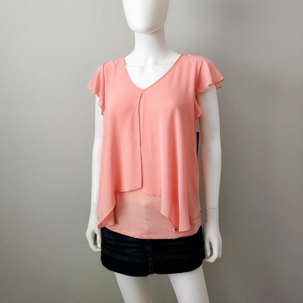 A. Byer Melon Flowy Mixed Materials Top With Sheer Overlay & Flutter Sleeve, Med